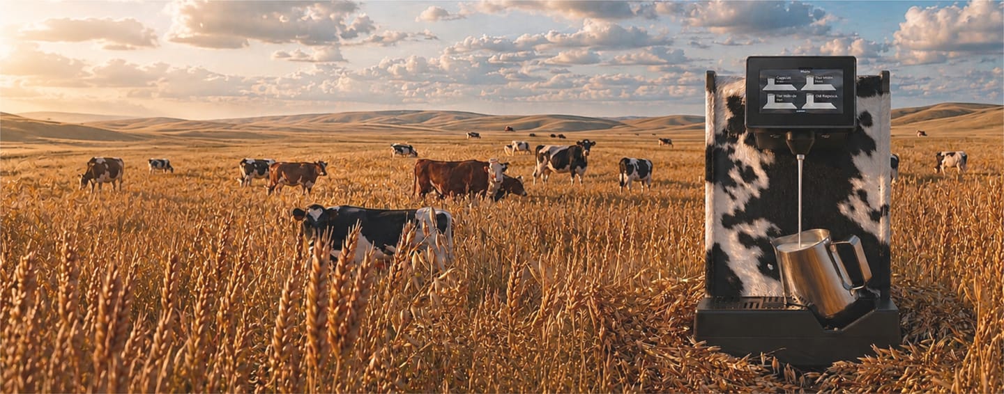 HeyMilky Induktions-Milchstation auf einem Feld neben einer Kuh