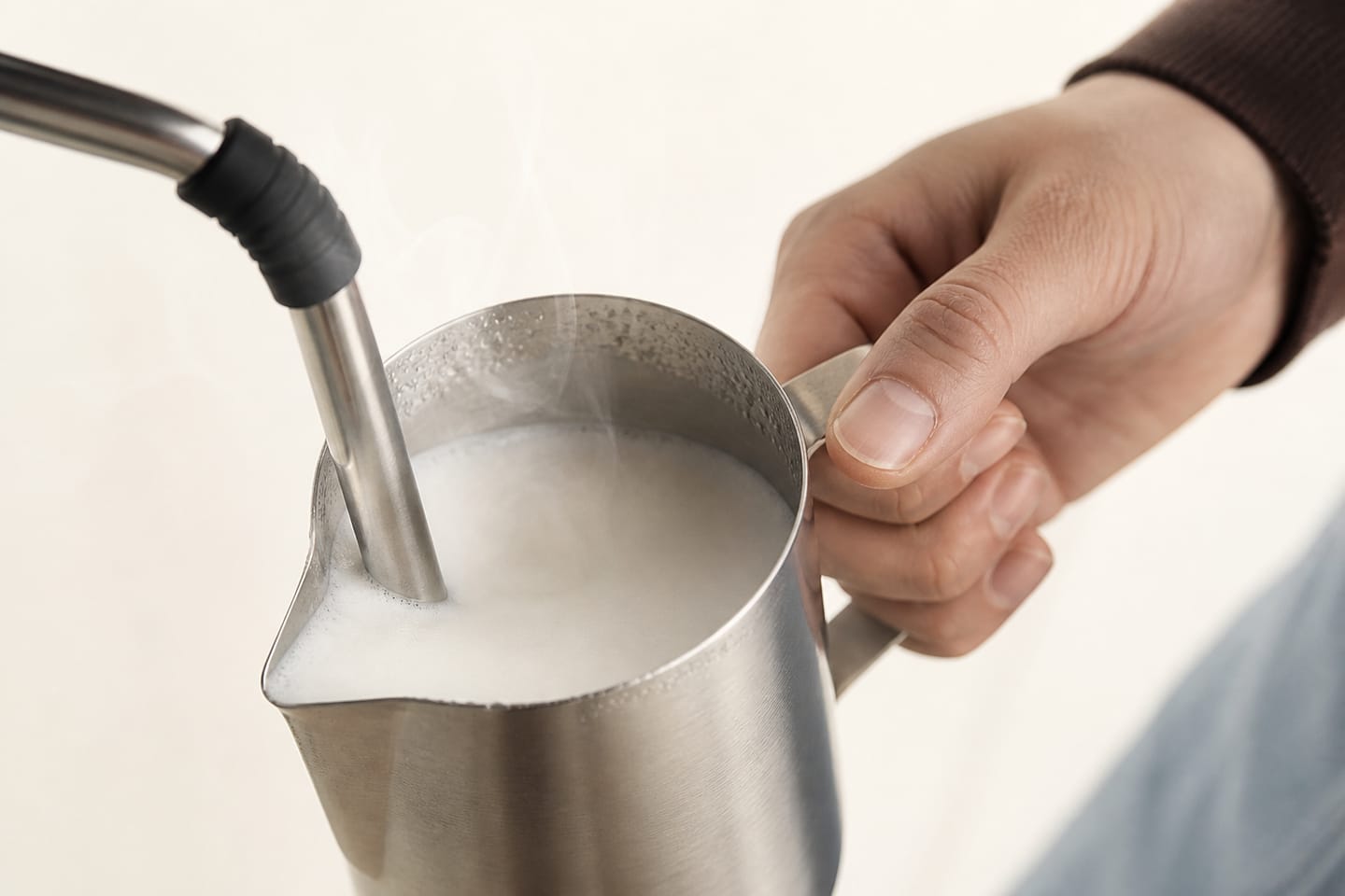 Eine Dampflanze in einem Milchkännchen, aufsteigender Dampf und Kondenswasser am Rand, eine Hand hält das Kännchen